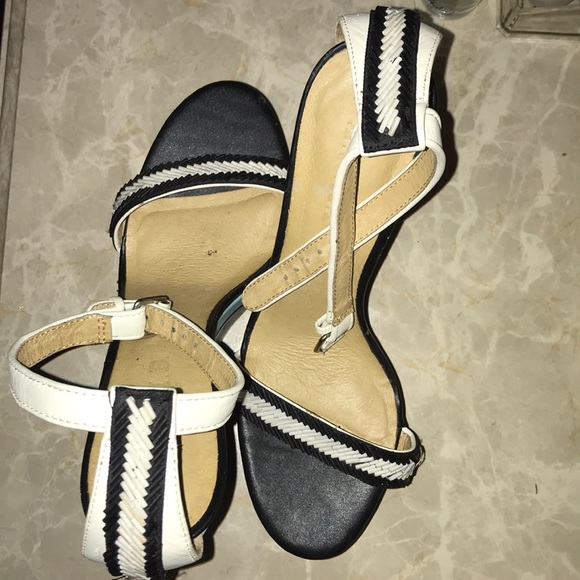 L.A.M.B. white/blue/black colorblock beaded wedges - Picture 2 of 7
